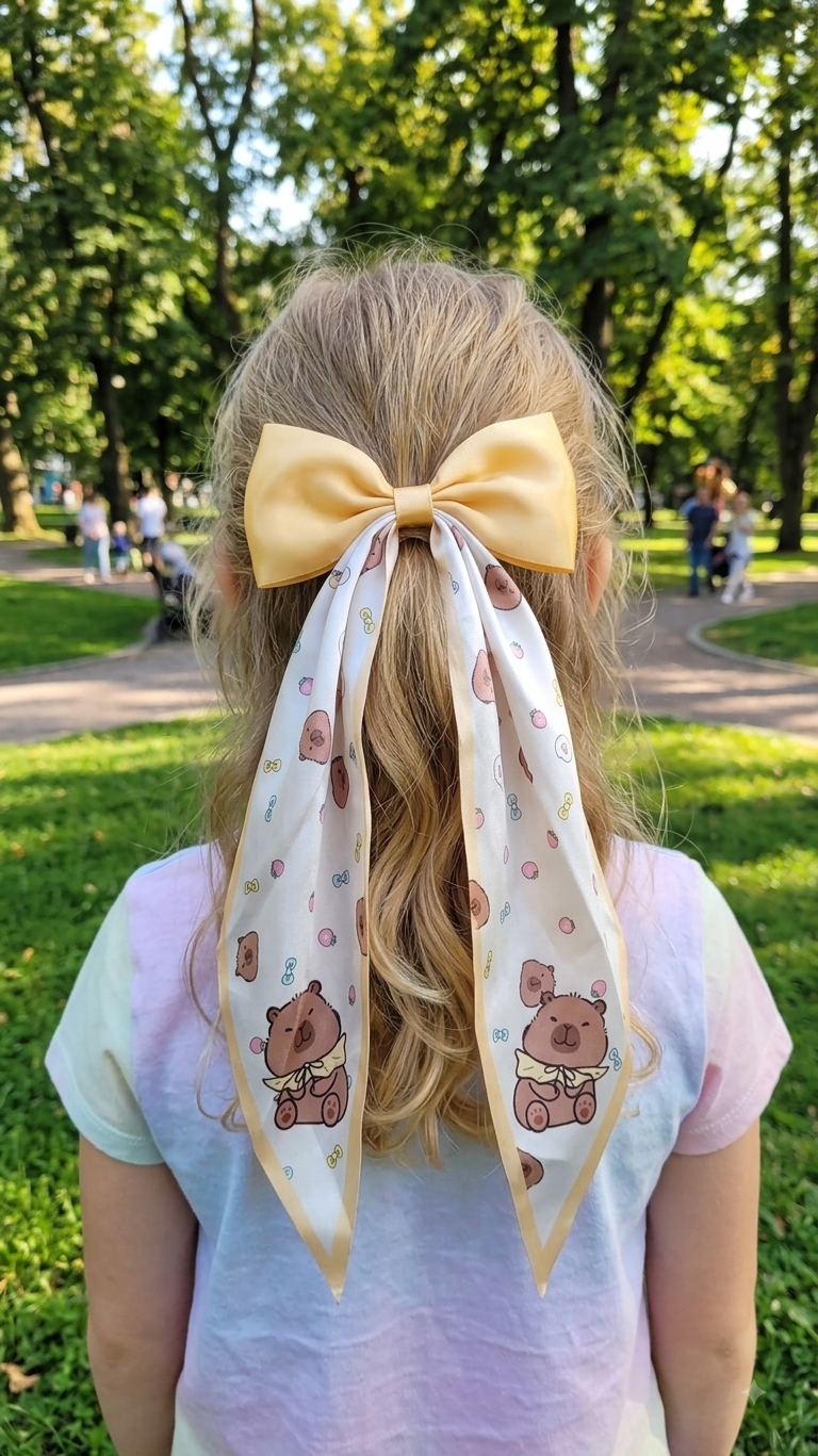 Capybara Coquette Satin Hair Bow for Girls – Long Ribbon Bow Clip