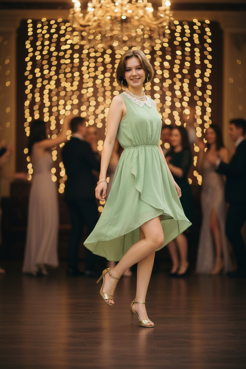 Vestido Sexy Hi-Low con Collar Removible de Perlas – Escotes y Tiras Cruzadas en la Espalda