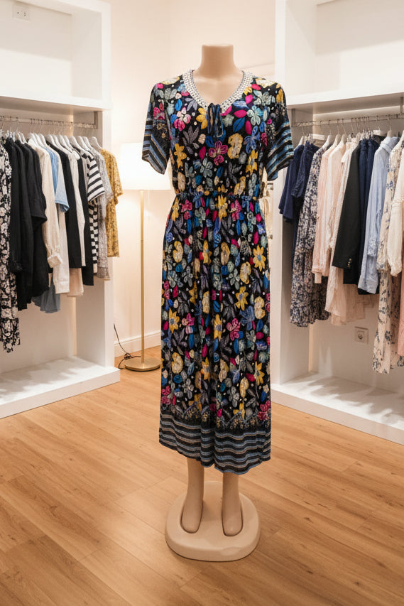 Vestido Floral Largo con Escote en V | Semitejido con Elástico en Cintura