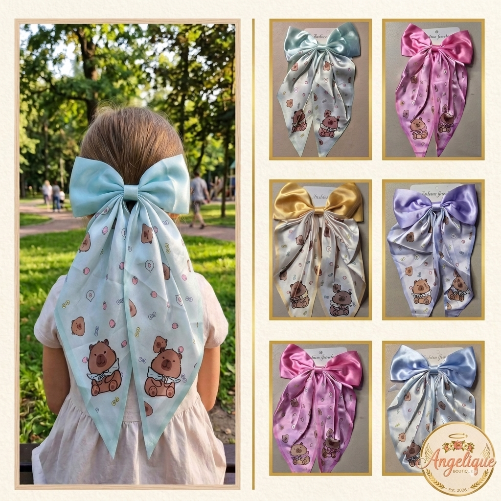 Capybara Coquette Satin Hair Bow for Girls in blue, pink, yellow, purple, fuchsia and green colors – Angelique Boutique