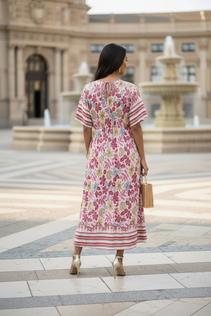Vestido Floral Largo con Escote en V | Semitejido con Elástico en Cintura