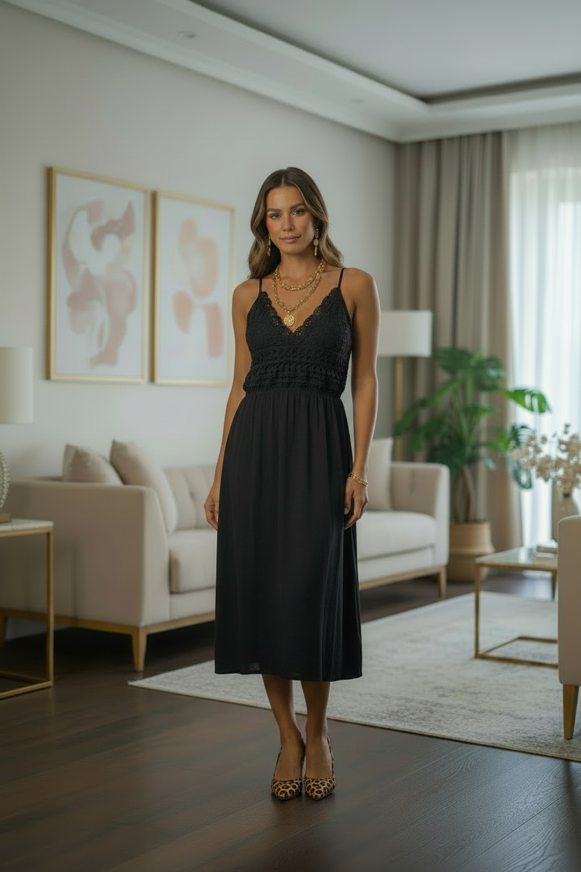Vestido Escote en V con Tiras de Espagueti y Semi-Tejido en el Busto
