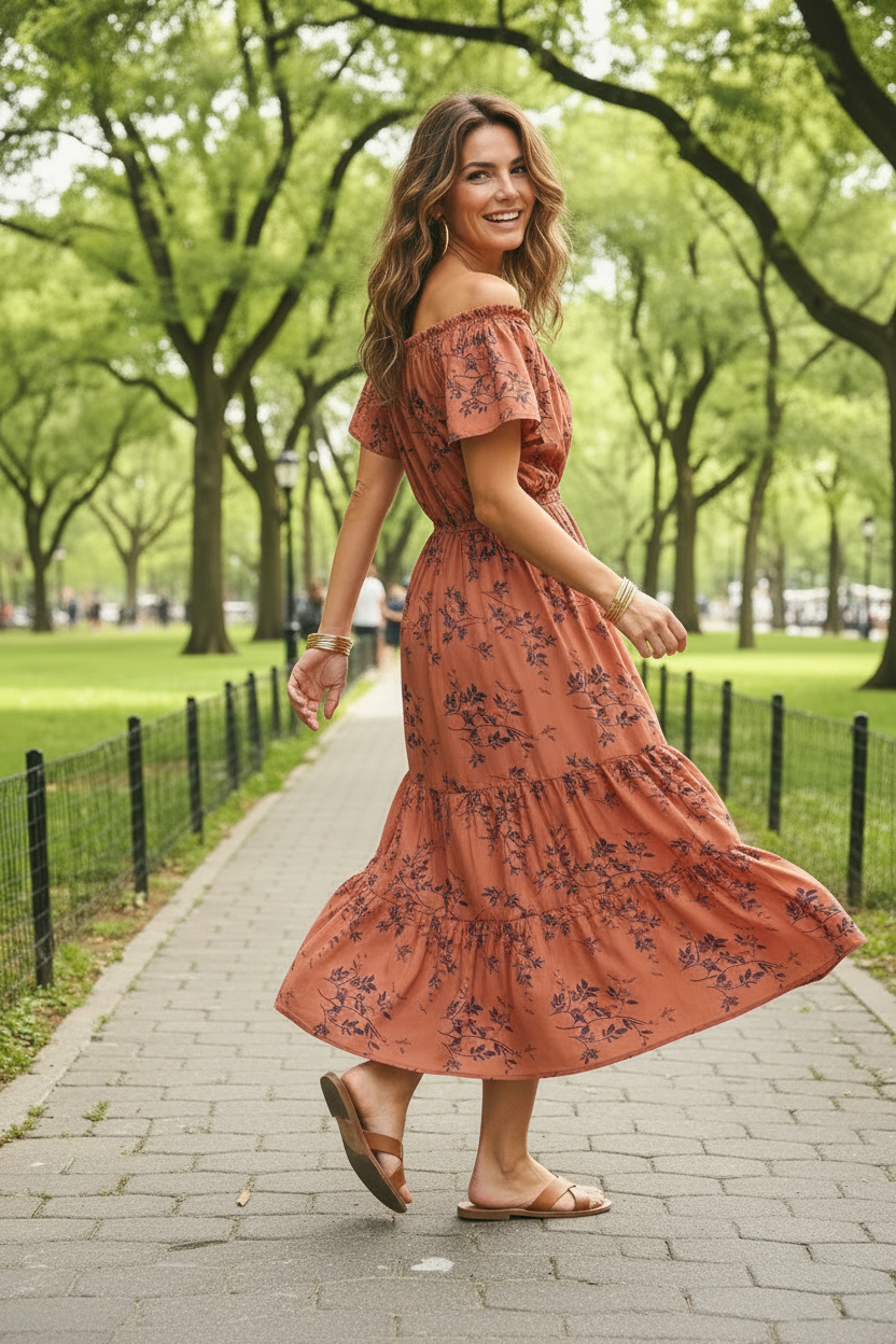 Vestido Largo Floral con Volantes en los Hombros – 2 Estilos en 1 | 65% Seda / 35% Poliéster