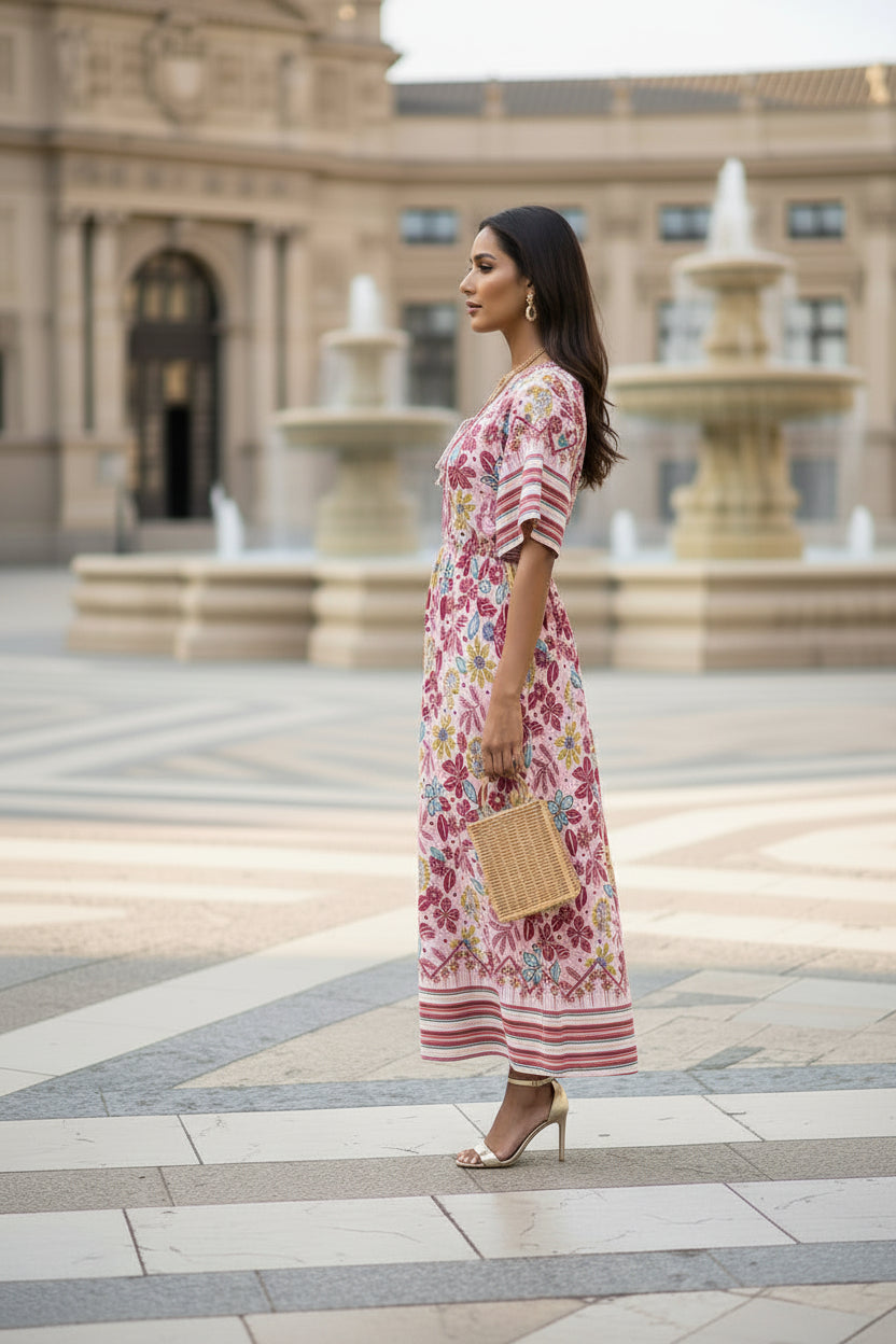Vestido Floral Largo con Escote en V | Semitejido con Elástico en Cintura