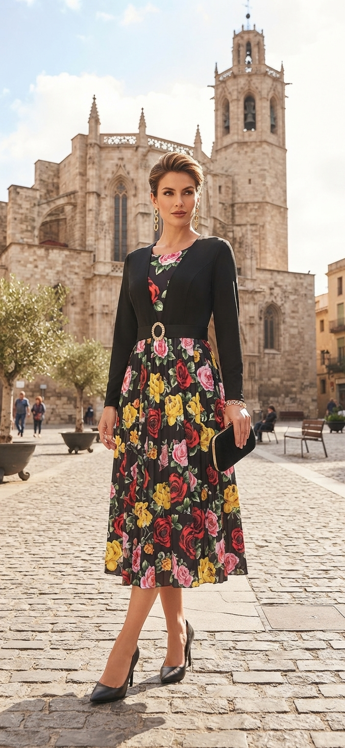 Women's Floral Midi Dress with Matching Cardigan