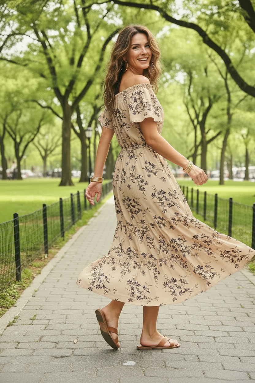 Vestido Largo Floral con Volantes en los Hombros – 2 Estilos en 1 | 65% Seda / 35% Poliéster