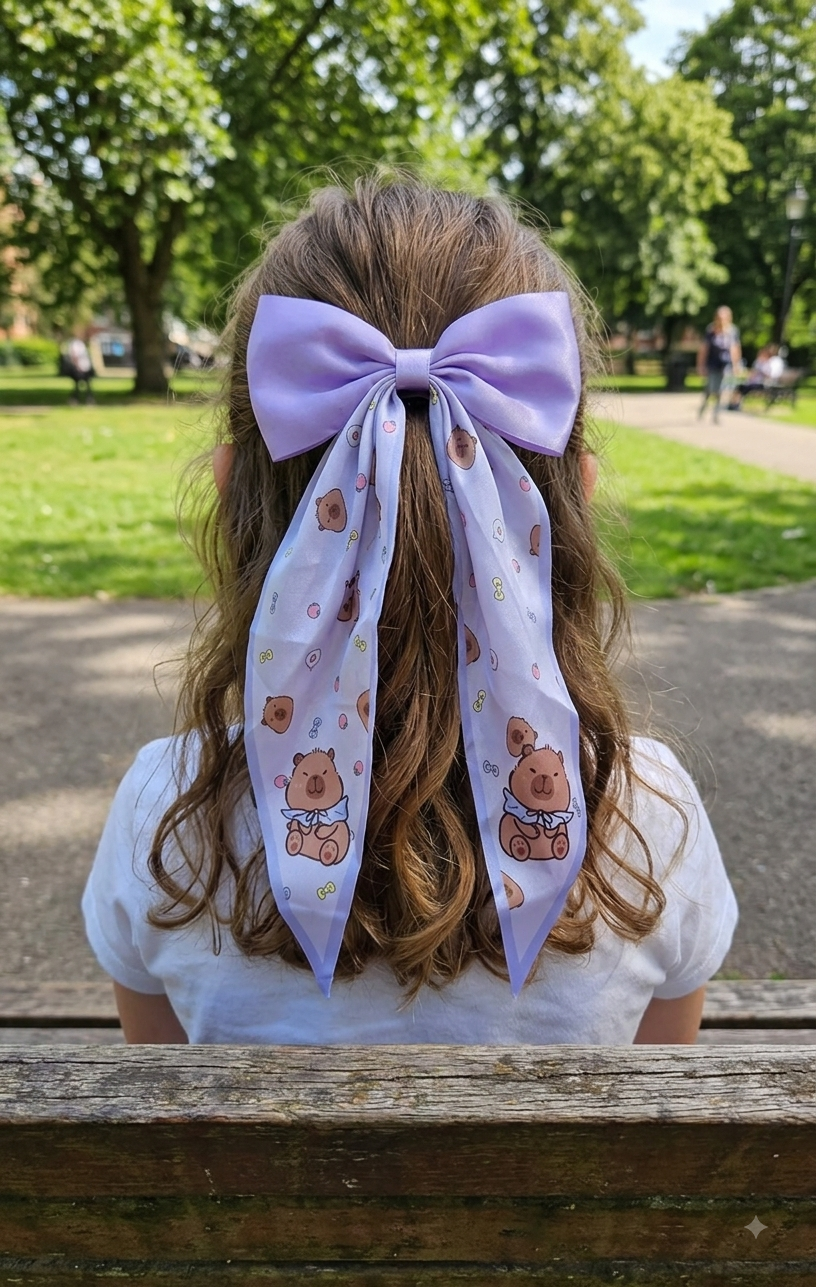 Capybara Coquette Satin Hair Bow for Girls – Long Ribbon Bow Clip