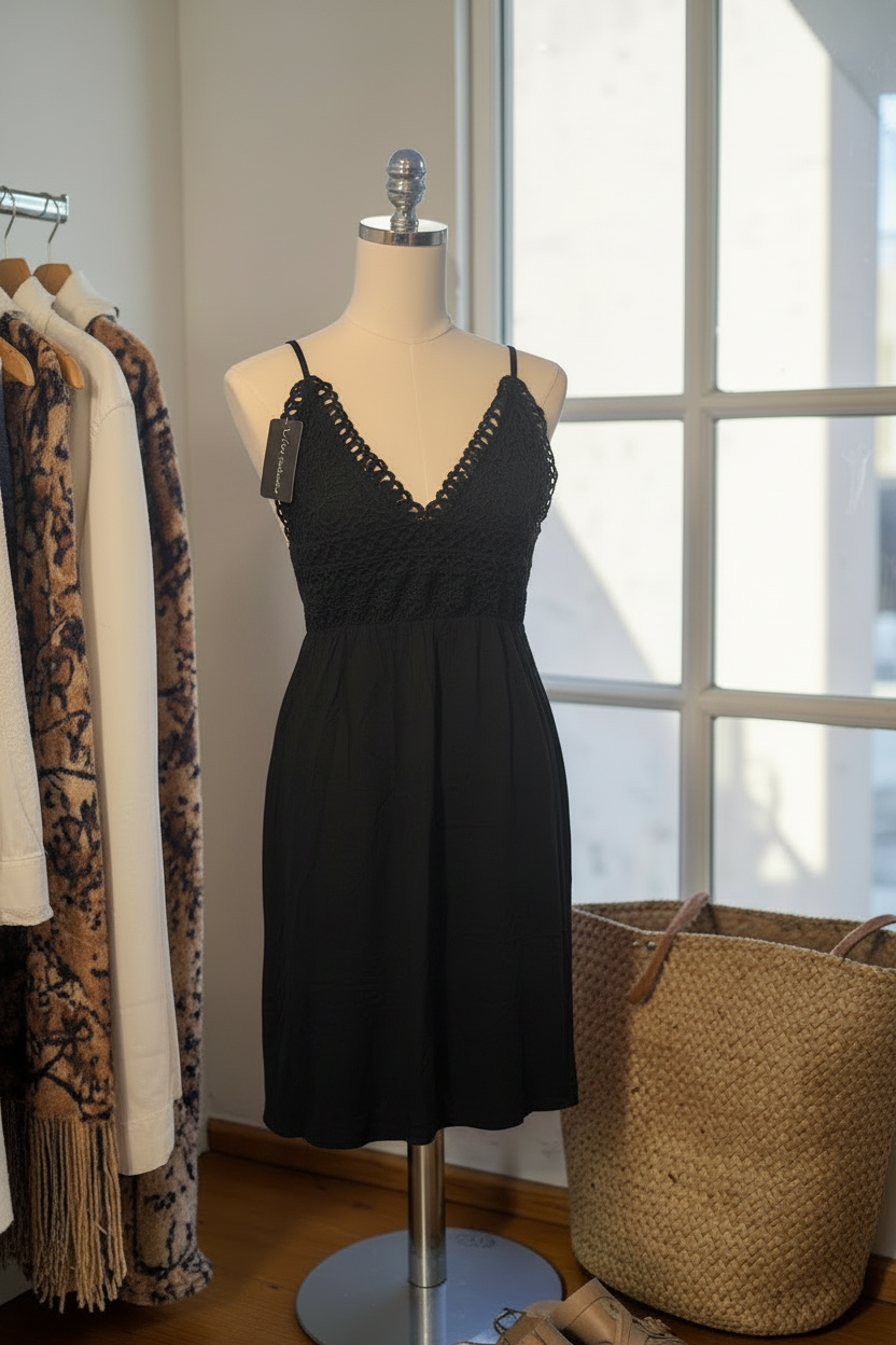 Vestido Escote en V con Tiras de Espagueti y Semi-Tejido en el Busto