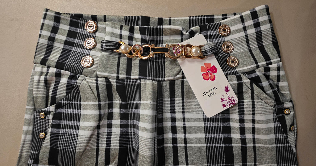 Pantalón Capri de Cuadros con Cadena y Botones | Cintura Elástica