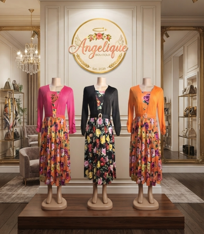 Women's Floral Midi Dress with Matching Cardigan