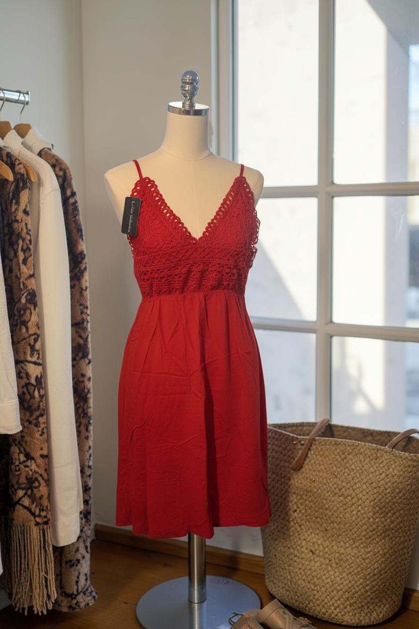 Vestido Escote en V con Tiras de Espagueti y Semi-Tejido en el Busto