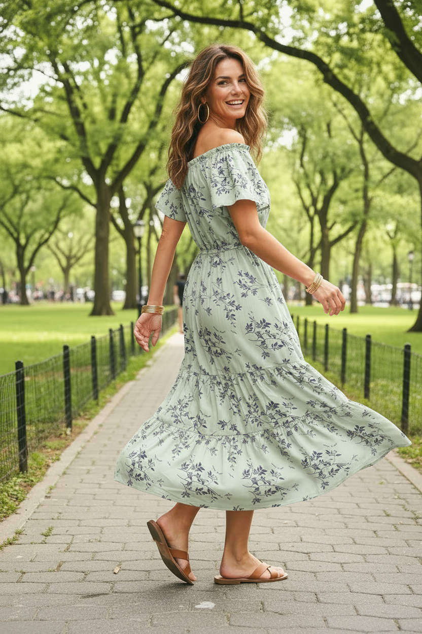 Vestido Largo Floral con Volantes en los Hombros – 2 Estilos en 1 | 65% Seda / 35% Poliéster