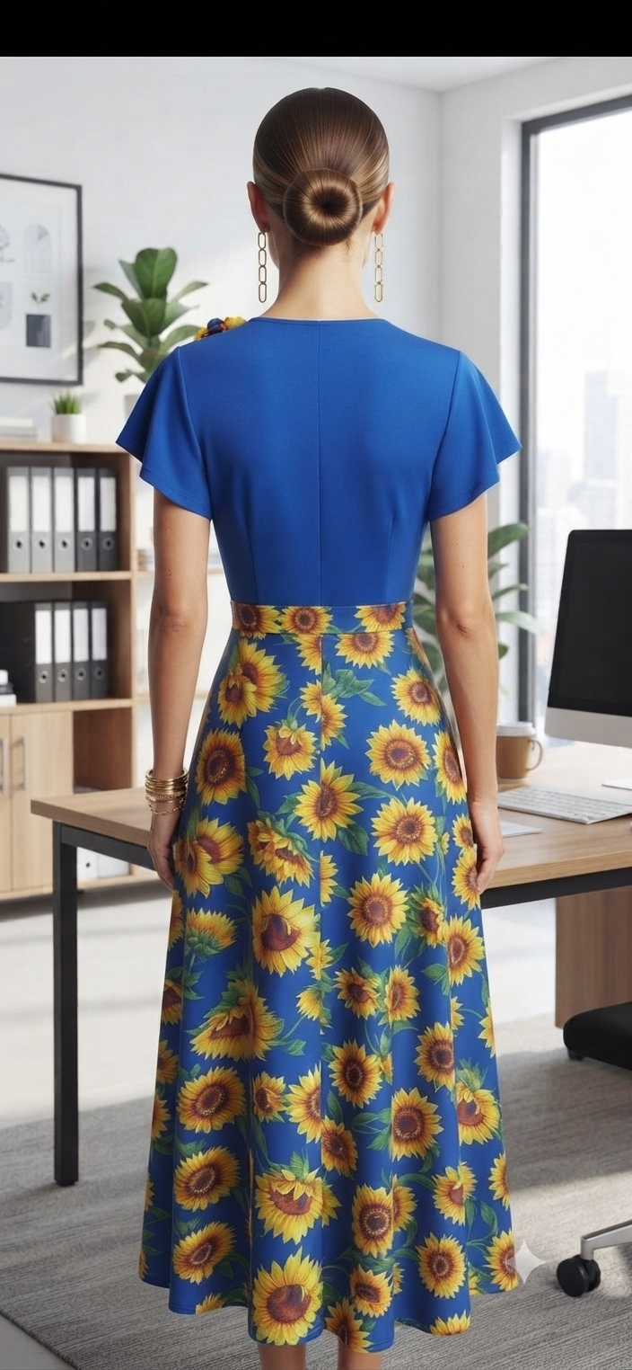 Sunflower Print Wrap Midi Dress