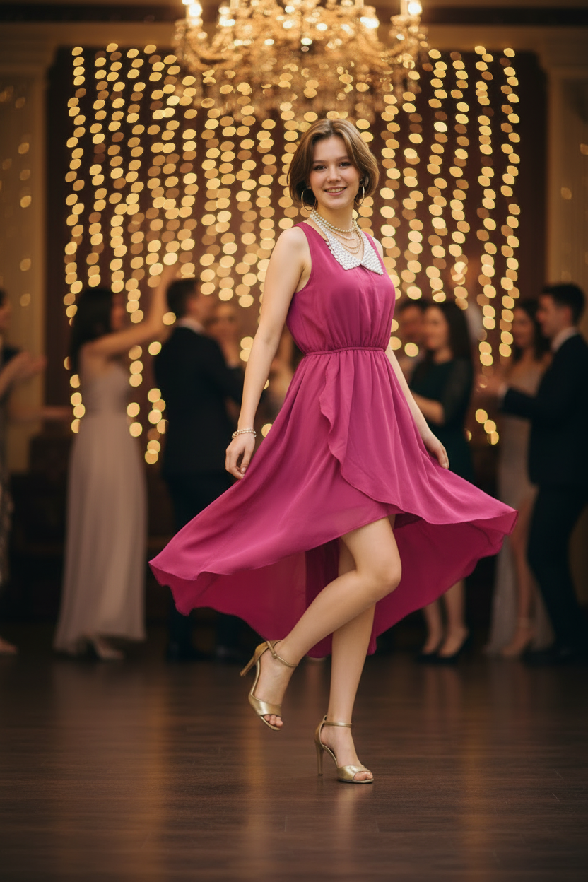 Vestido Sexy Hi-Low con Collar Removible de Perlas – Escotes y Tiras Cruzadas en la Espalda