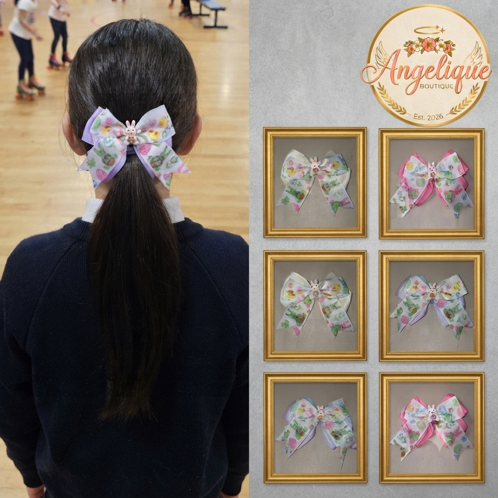 Pastel Bunny Hair Bow Girls Ponytail Ribbon Clip