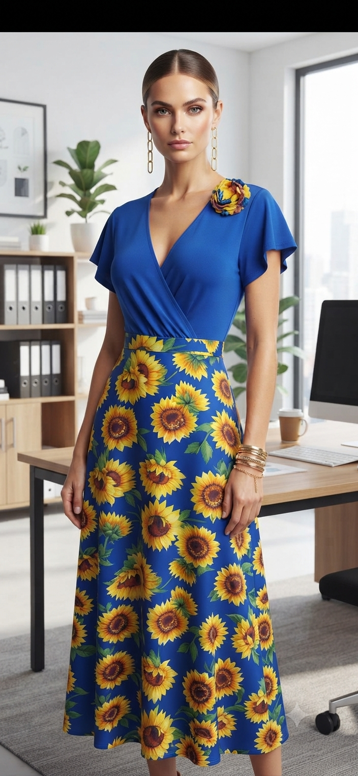 Sunflower Print Wrap Midi Dress
