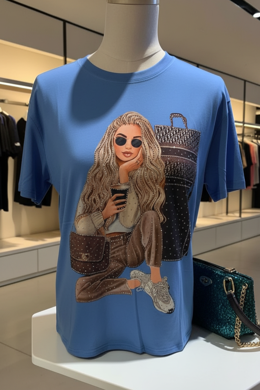 Blusa de Piedras Alta Calidad | Estilo Clásico de Lujo | Manga Corta y Cuello Redondo