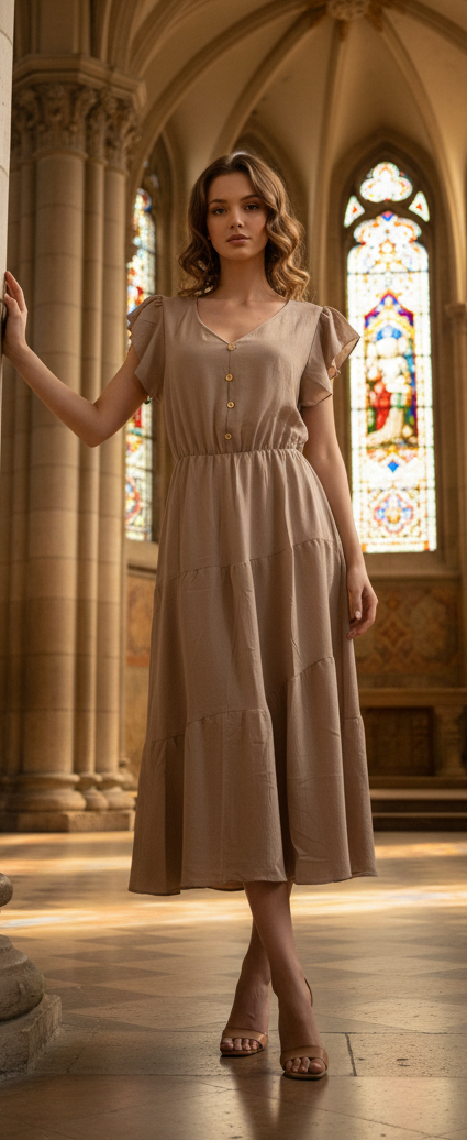 Vestido Midi Elegante con Escote en V y Botones