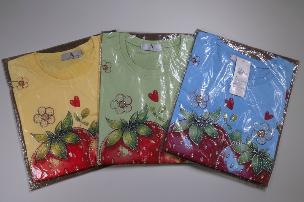 Blusa de Fresa con Pedrería y Brillo | Manga Corta Cuello Redondo