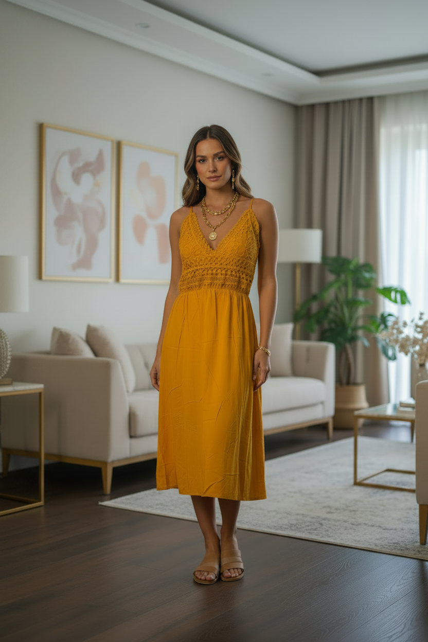 Vestido Escote en V con Tiras de Espagueti y Semi-Tejido en el Busto