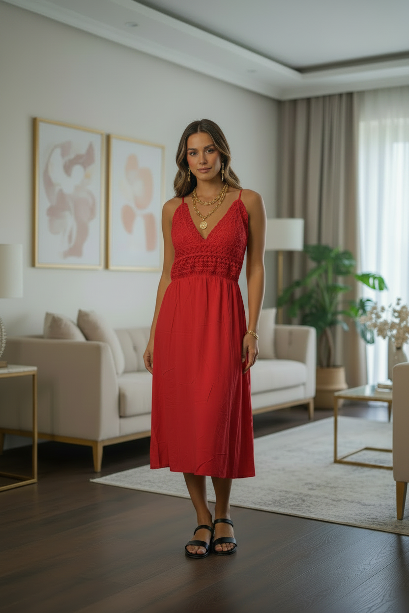 Vestido Escote en V con Tiras de Espagueti y Semi-Tejido en el Busto
