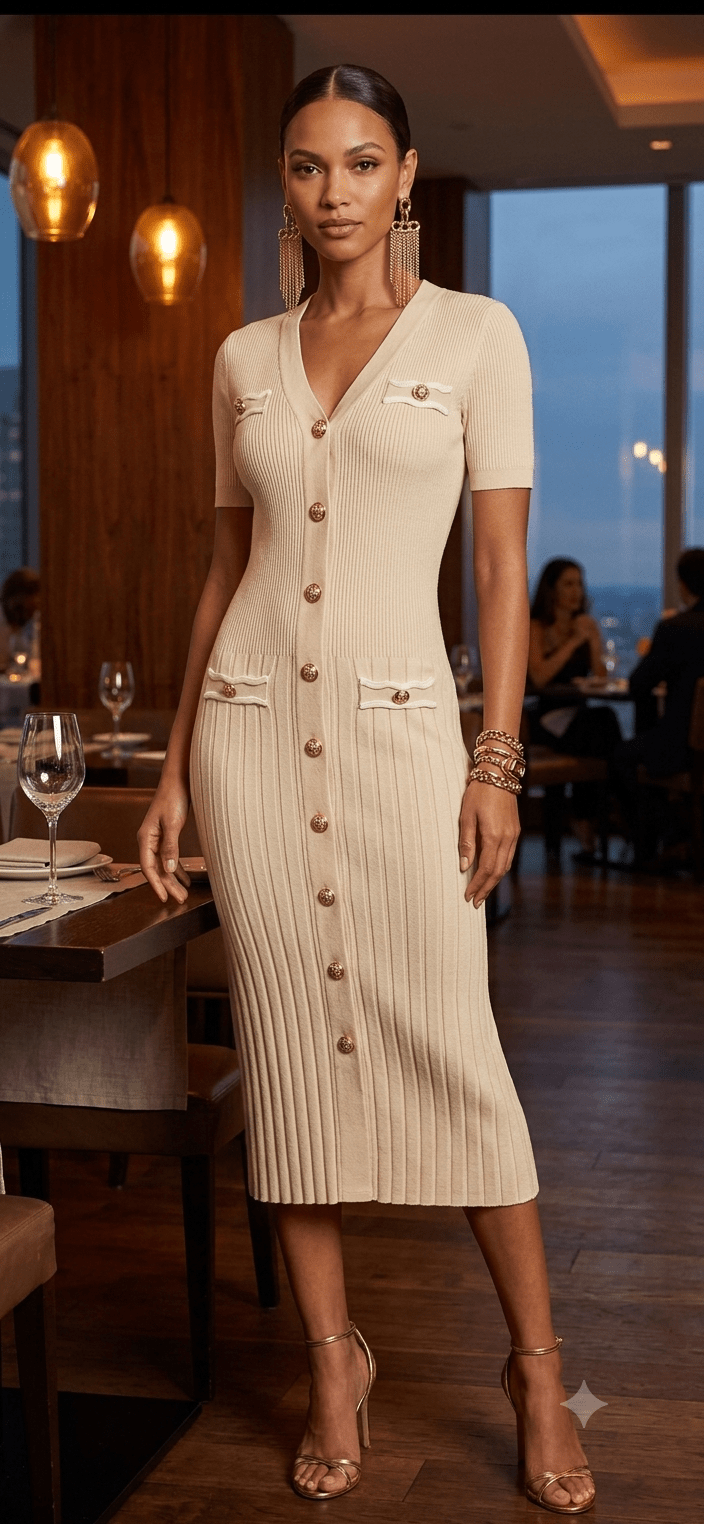 Button-Front Midi Dress with Front Pockets | Angelique Boutique