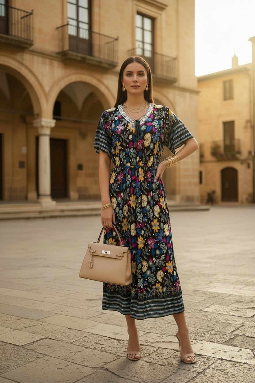 Vestido Floral Largo con Escote en V | Semitejido con Elástico en Cintura