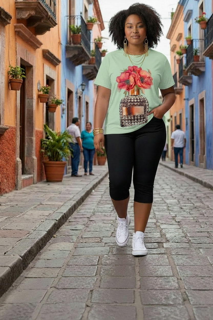 Blusa Manga Corta Floral con Piedrería y Brillo de Alta Calidad – 60% Rayón / 35% Nylon / 5% Elastano