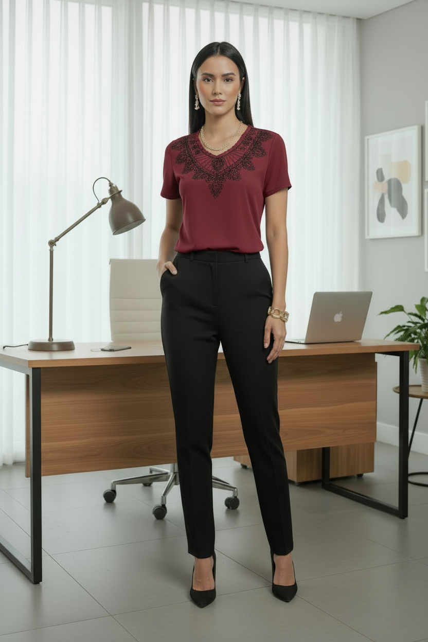 Blusa con Decoración Semi-Tejida en el Cuello y Brillo