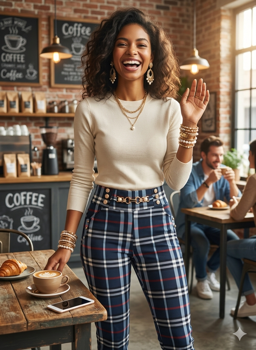 Pantalón Capri de Cuadros con Cadena y Botones | Cintura Elástica