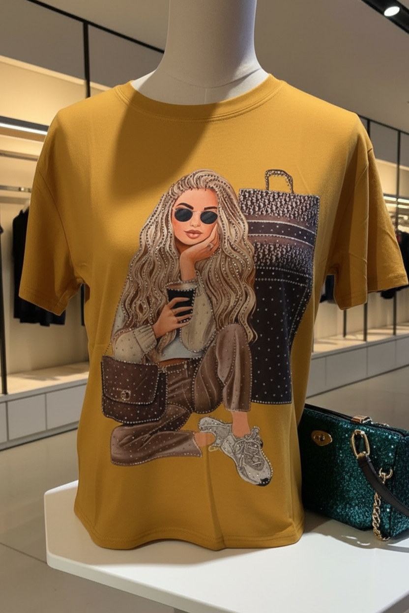 Blusa de Piedras Alta Calidad | Estilo Clásico de Lujo | Manga Corta y Cuello Redondo