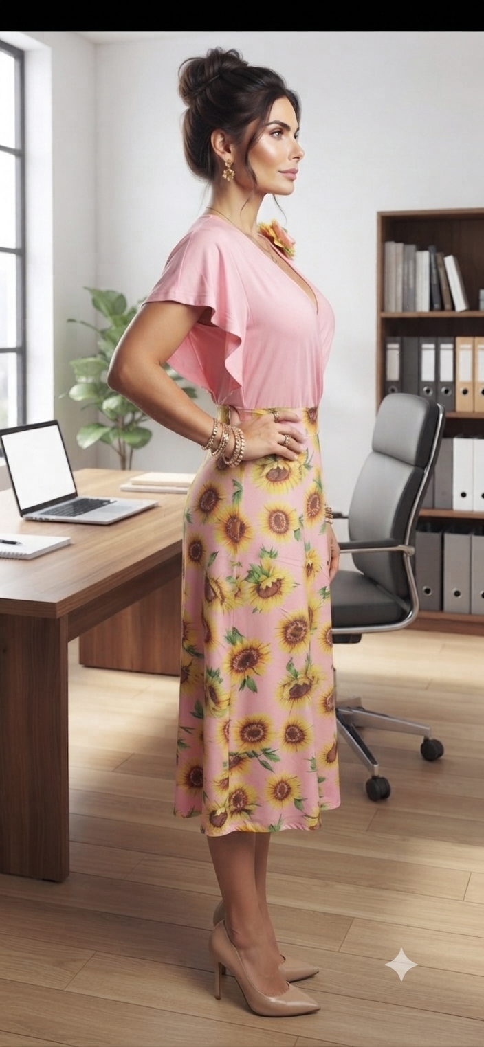 Sunflower Print Wrap Midi Dress