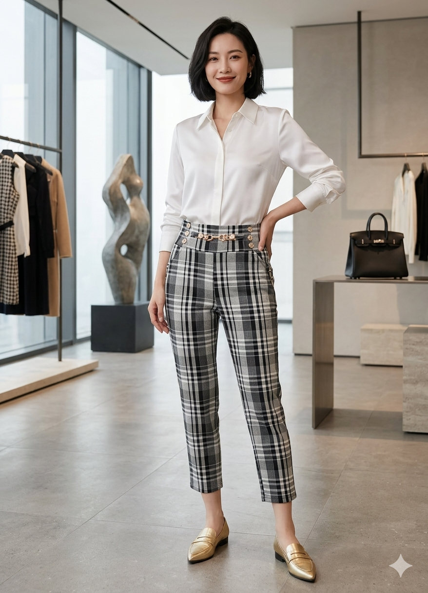 Pantalón Capri de Cuadros con Cadena y Botones | Cintura Elástica