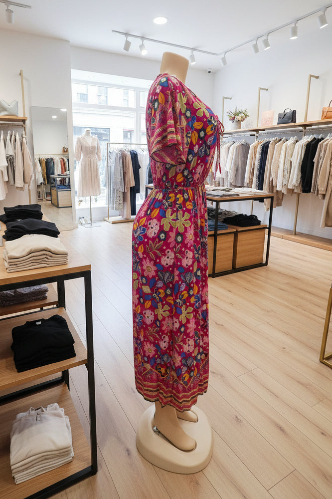 Vestido Floral Largo con Escote en V | Semitejido con Elástico en Cintura