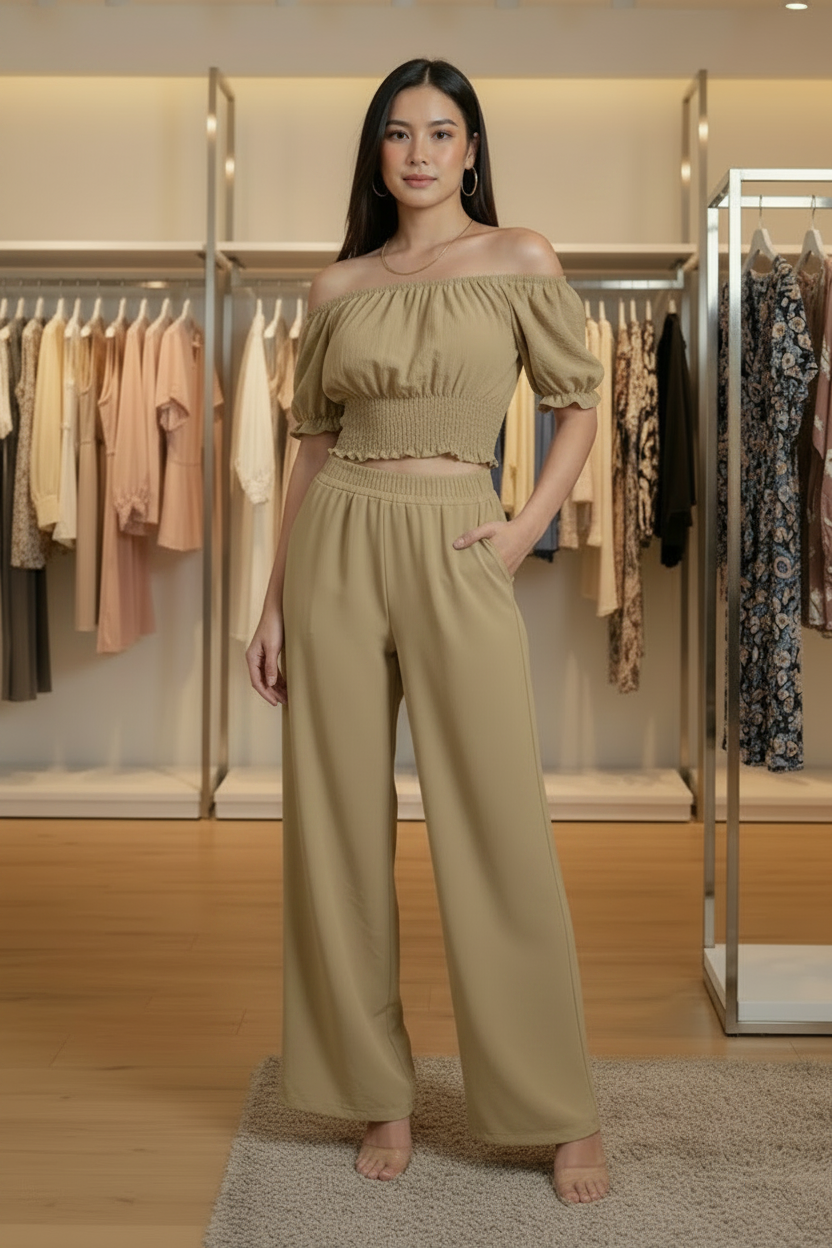 Set de 2 Piezas Mujer Top y Pantalón Fluido | Verde Claro Rosa Kaki Morado