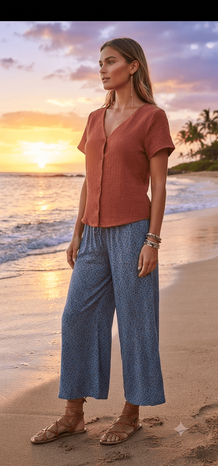 V-Neck Button-Up Linen-Texture Blouse | Angelique Boutique