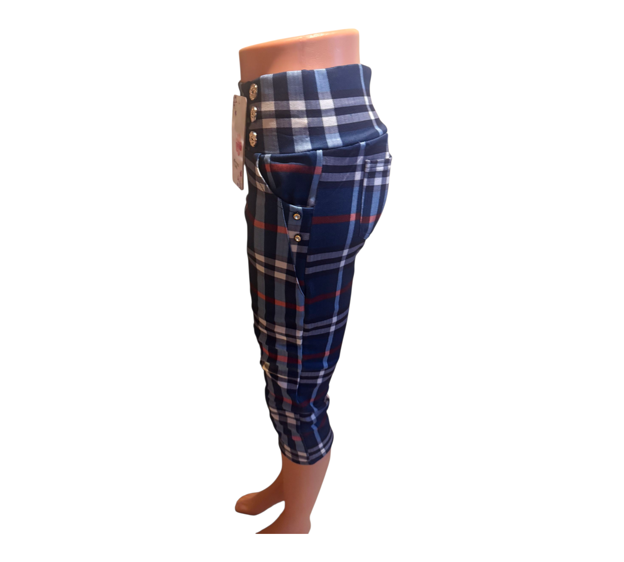 Pantalón Capri de Cuadros con Cadena y Botones | Cintura Elástica