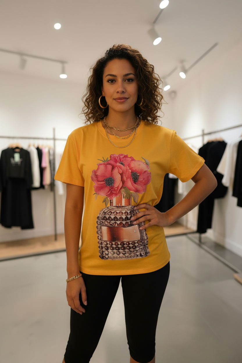Blusa Manga Corta Floral con Piedrería y Brillo de Alta Calidad – 60% Rayón / 35% Nylon / 5% Elastano