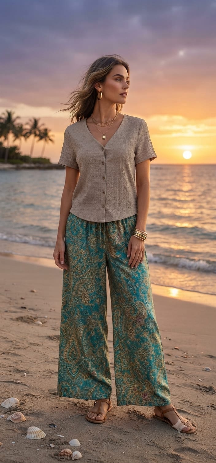 V-Neck Button-Up Linen-Texture Blouse | Angelique Boutique