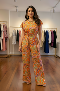 Enterizo Floral Manga Corta con Cinturón | Naranja & Negro | Tallas G–XG