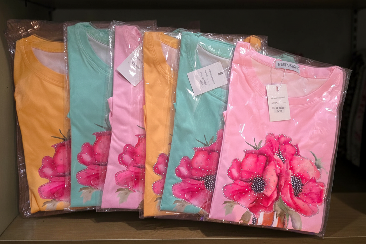 Blusa Manga Corta Floral con Piedrería y Brillo de Alta Calidad – 60% Rayón / 35% Nylon / 5% Elastano