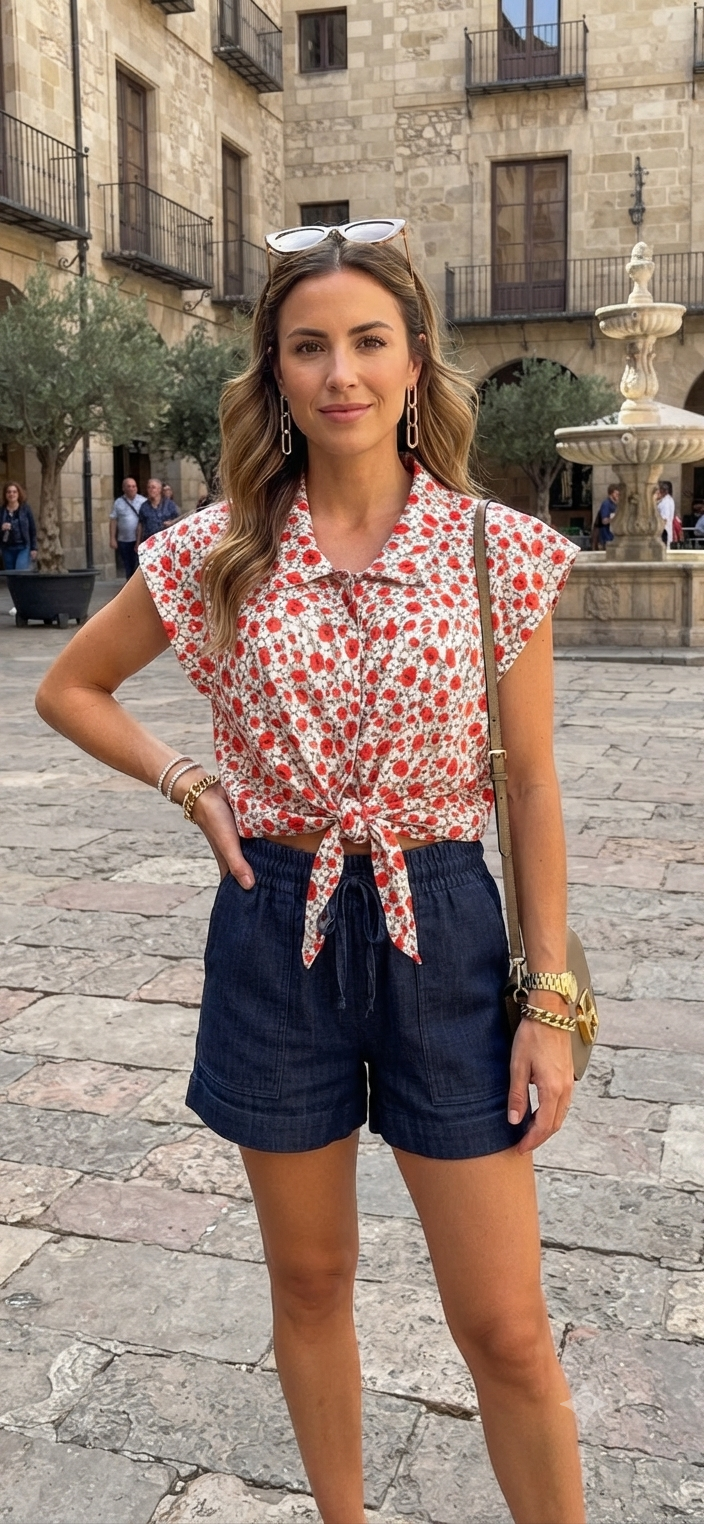 Pantalón Jean Corto con Elástico y Cordón Ajustable en la Cintura