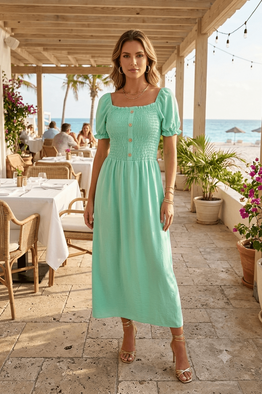 Casual Long Dress with Heart Print & Adjustable Tie | Stretch | Angelique Boutique