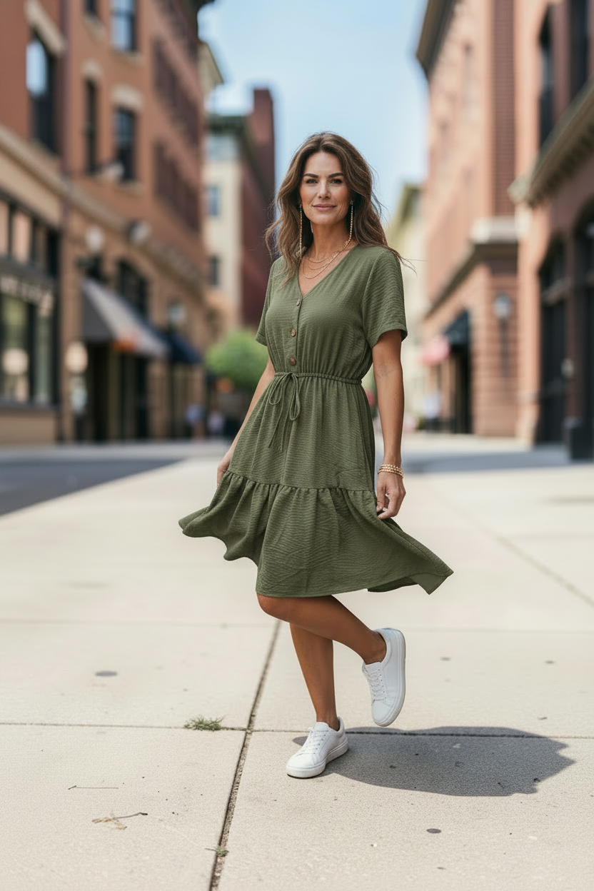 Vestido Corto con Escote en V | Botones y Cinta Ajustable en la Cintura