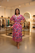 Vestido Floral Largo con Escote en V | Semitejido con Elástico en Cintura