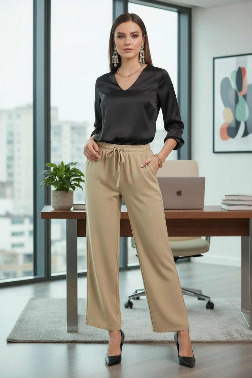 Pantalón Palazzo Mujer Elástico y Cable Ajustable en la Cintura | P-M y G-XG