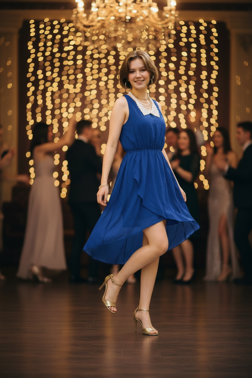 Vestido Sexy Hi-Low con Collar Removible de Perlas – Escotes y Tiras Cruzadas en la Espalda