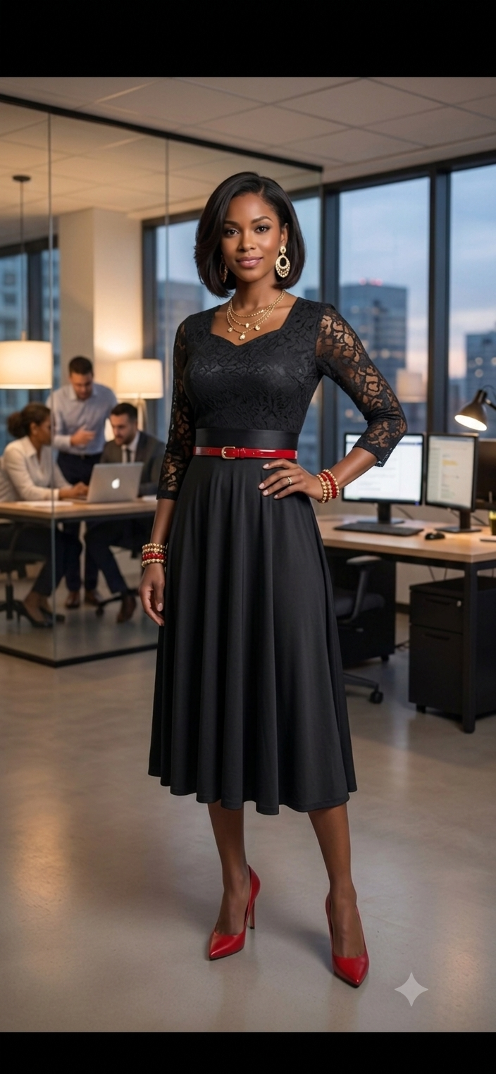 Elegant Lace Midi Dress with Flared Skirt