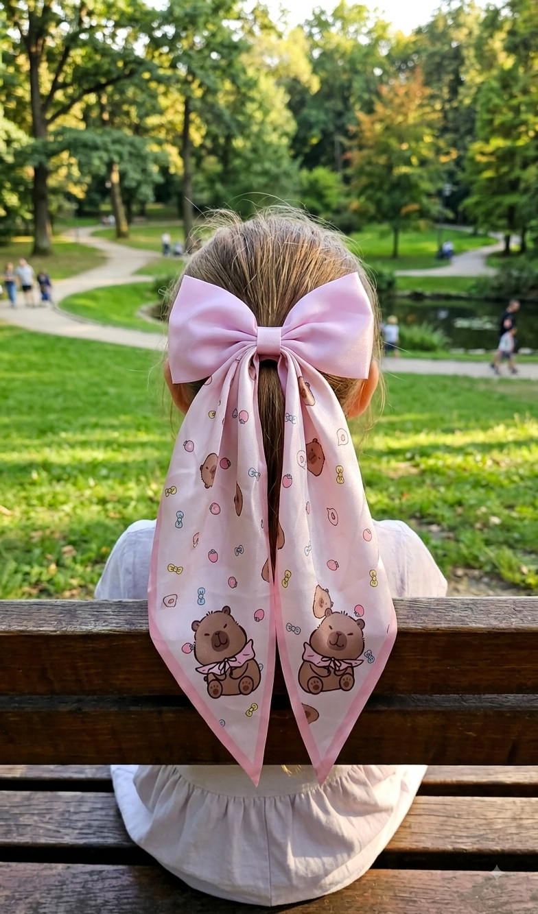 Capybara Coquette Satin Hair Bow for Girls – Long Ribbon Bow Clip