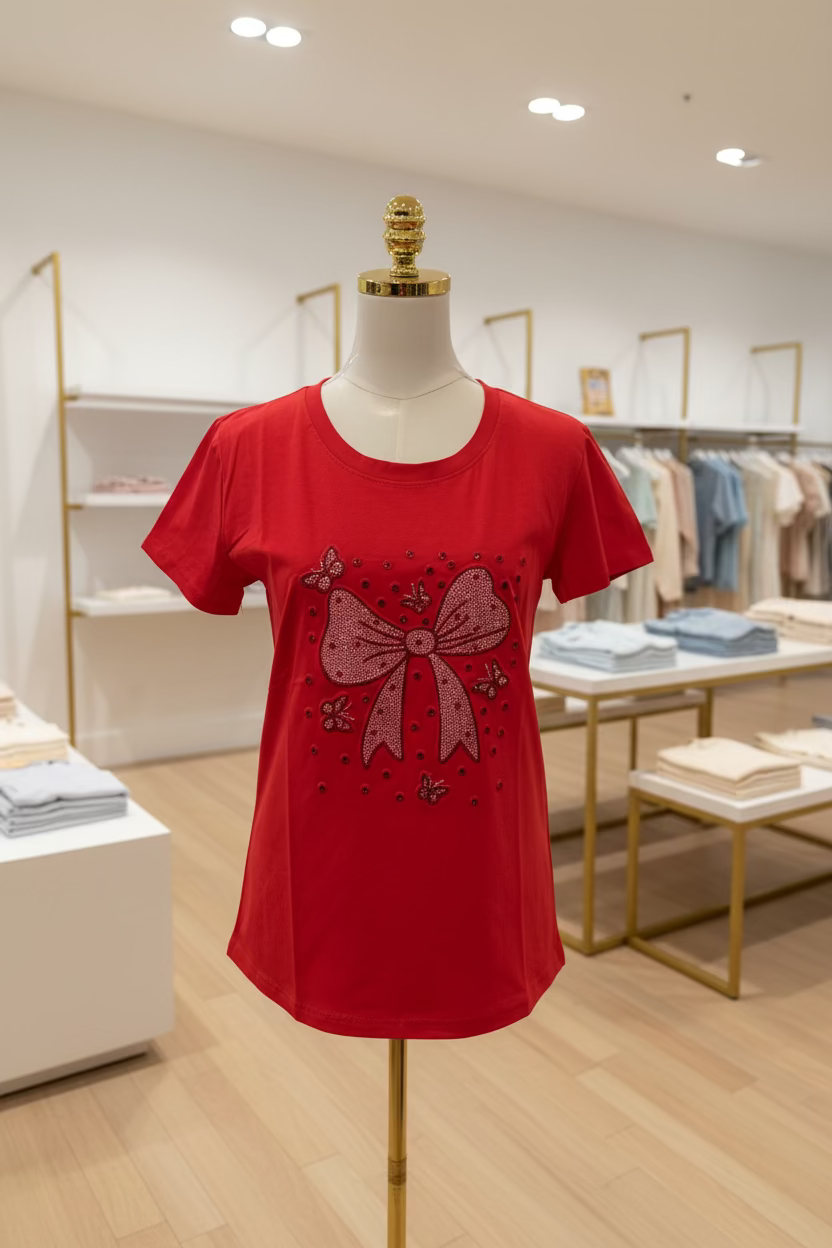 Blusa con Piedrería de Lazo en Rojo